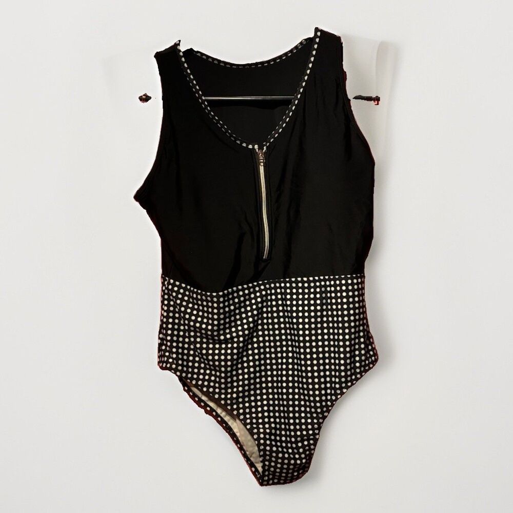 SHEIN Women 2XL One Piece Swimsuit Black White Polka Dot Front Zip Plus Size